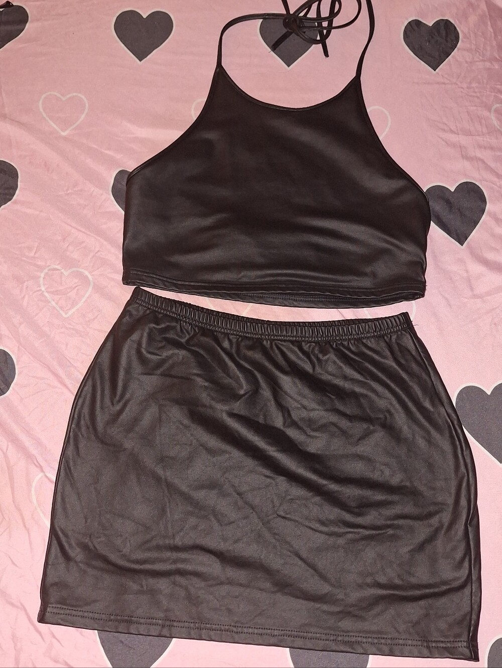 Faux Leather Skirt And Halter Top Set